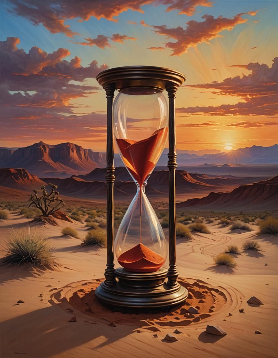 Hourglass in Desert Landscape Oil Painting