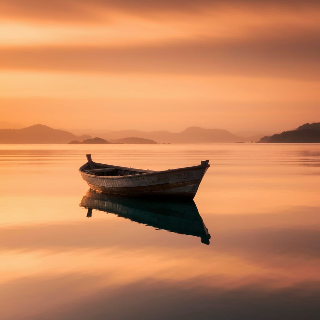 Lone Fishing Boat on Glassy Sea at Sunset