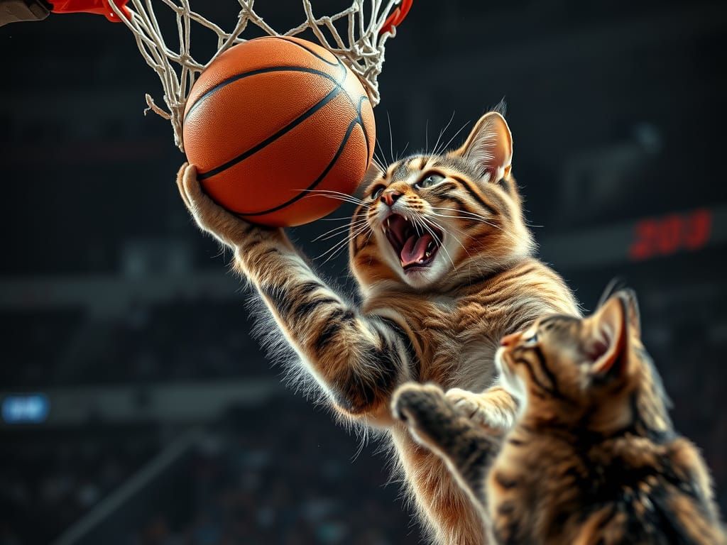 Hyperrealistic Cats Play Basketball in Dramatic Photo