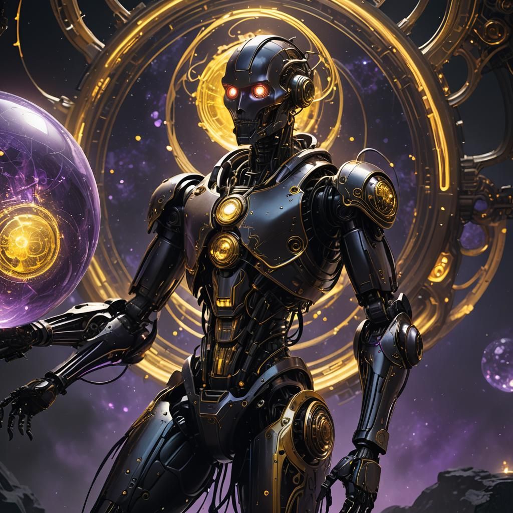 Robot Cradling Civilization Orb in Dark Fantasy Art