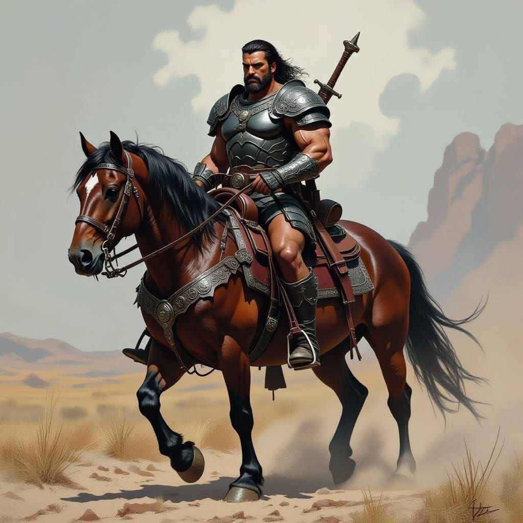 Muscular Mercenary in Leather Armor Riding Warhorse