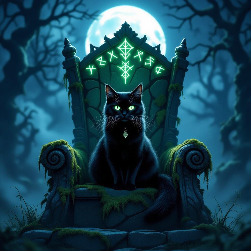 Black Cat on Ancient Throne in Moonlit Enchanted Forest