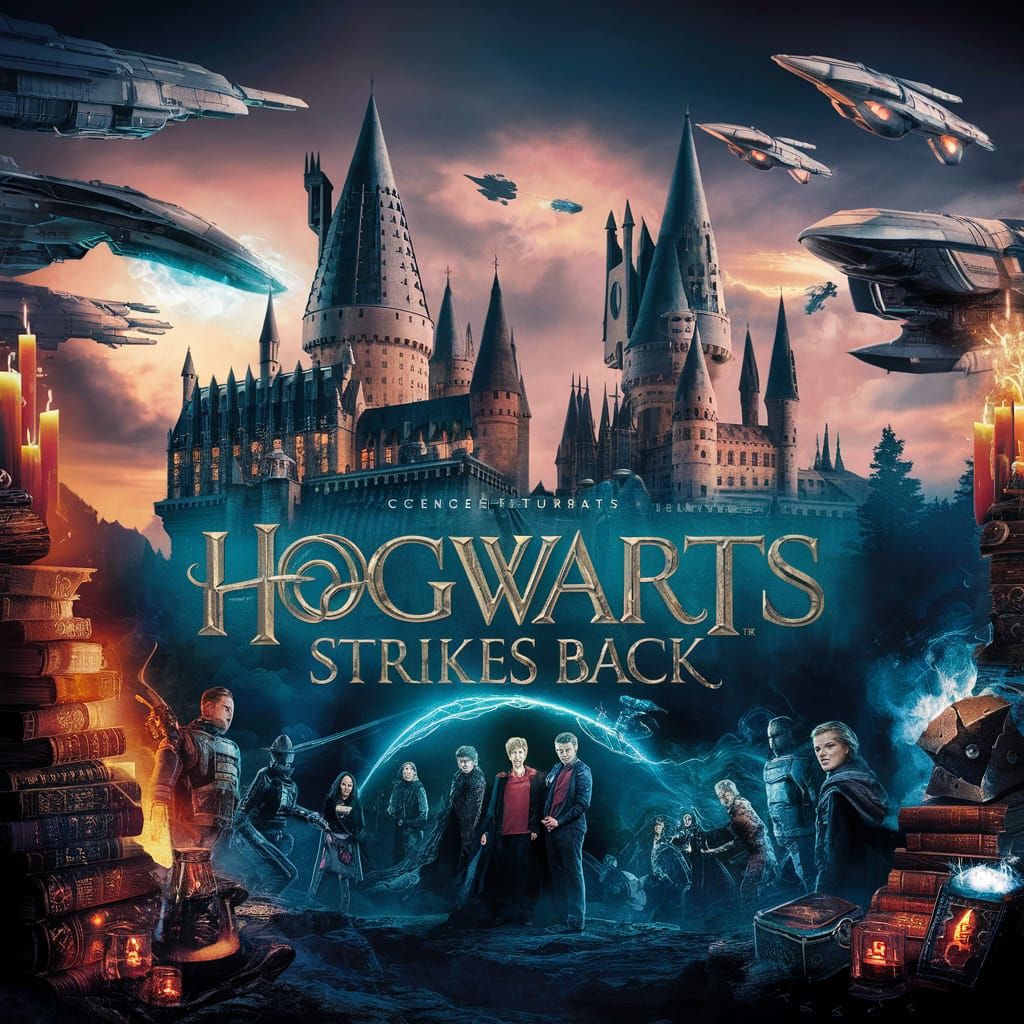 A movie poster. [Hogwarts castle], [surrounded by futuristic...