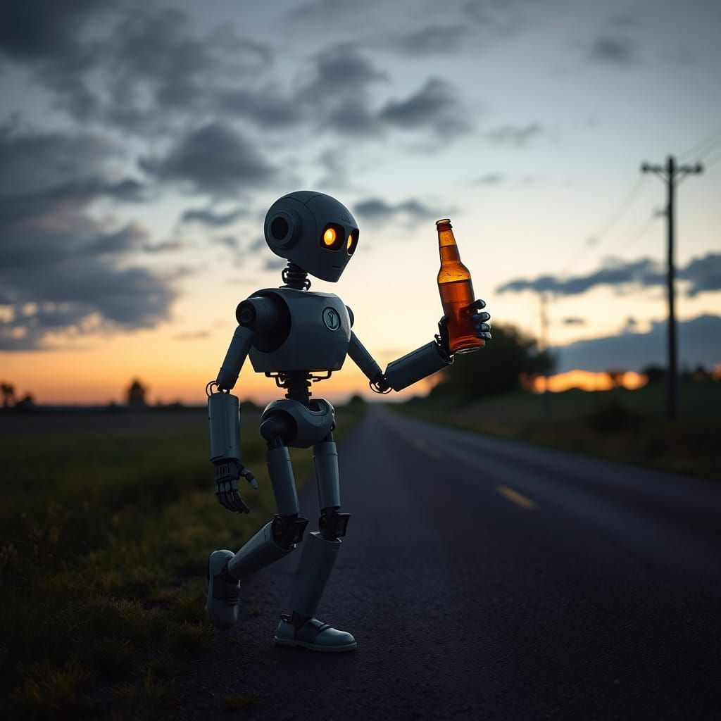 Sad Robot Drunk on Country Road at Dusk