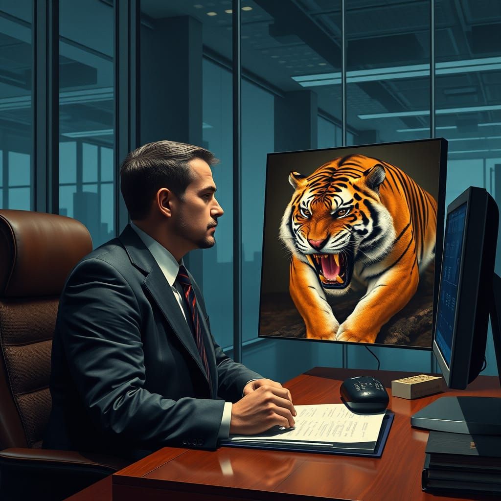 Businessman Longs for Saber Tooth Tiger in Office