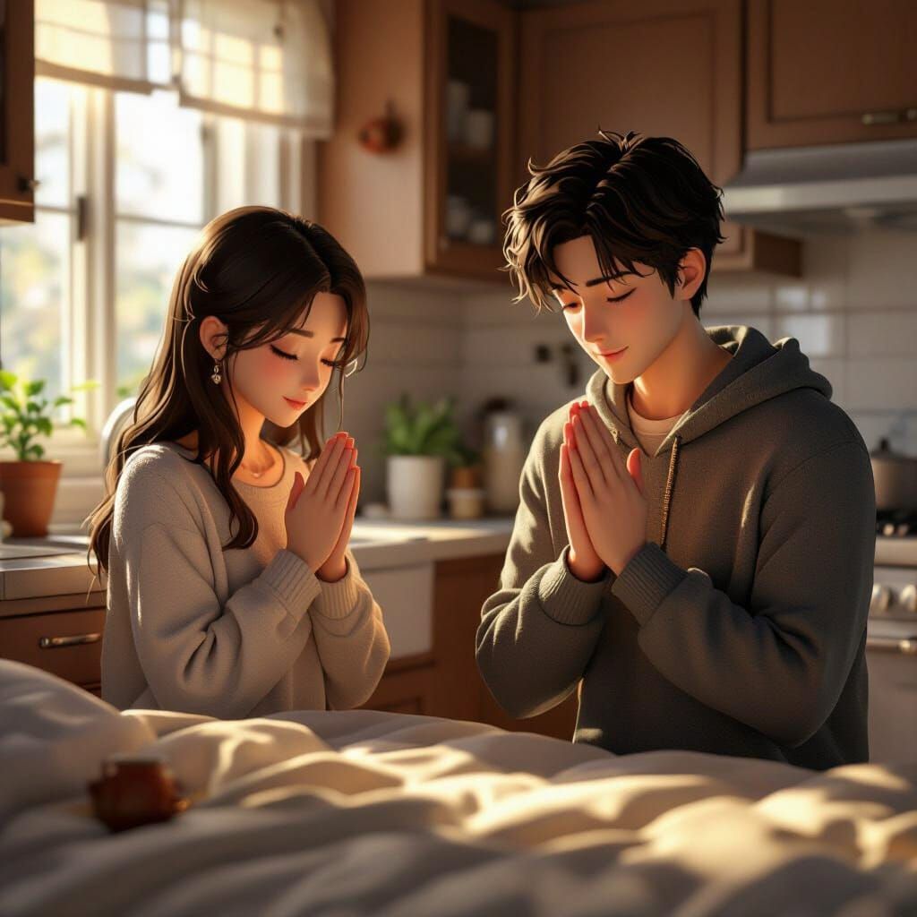 Couple Praying in Separate Rooms, 3D Anime Style