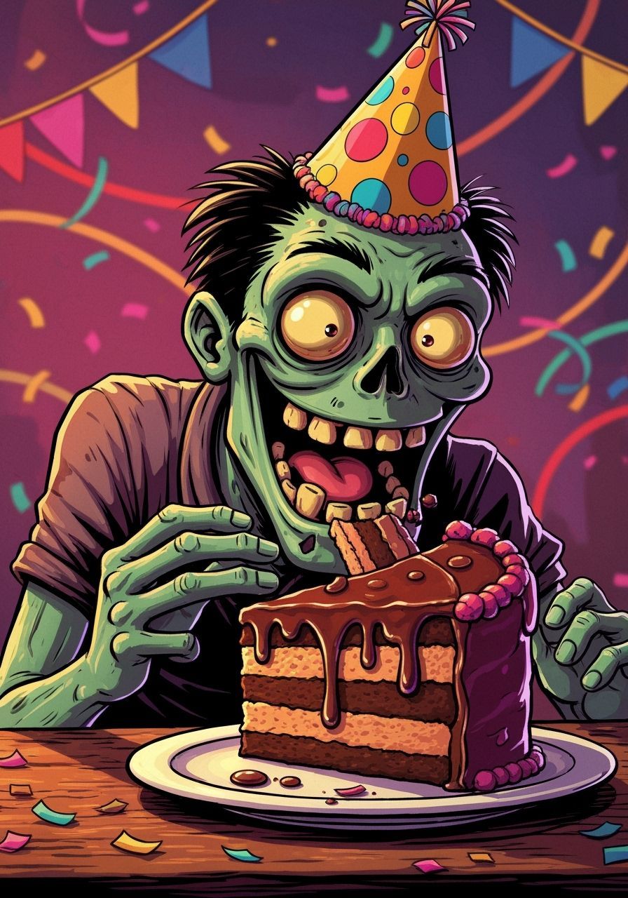 Jovial Zombie Enjoys Birthday Cake in Cartoon Style