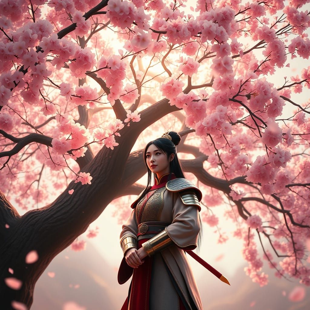 Mulan Under Majestic Cherry Blossom Tree in Dreamlike Chines...