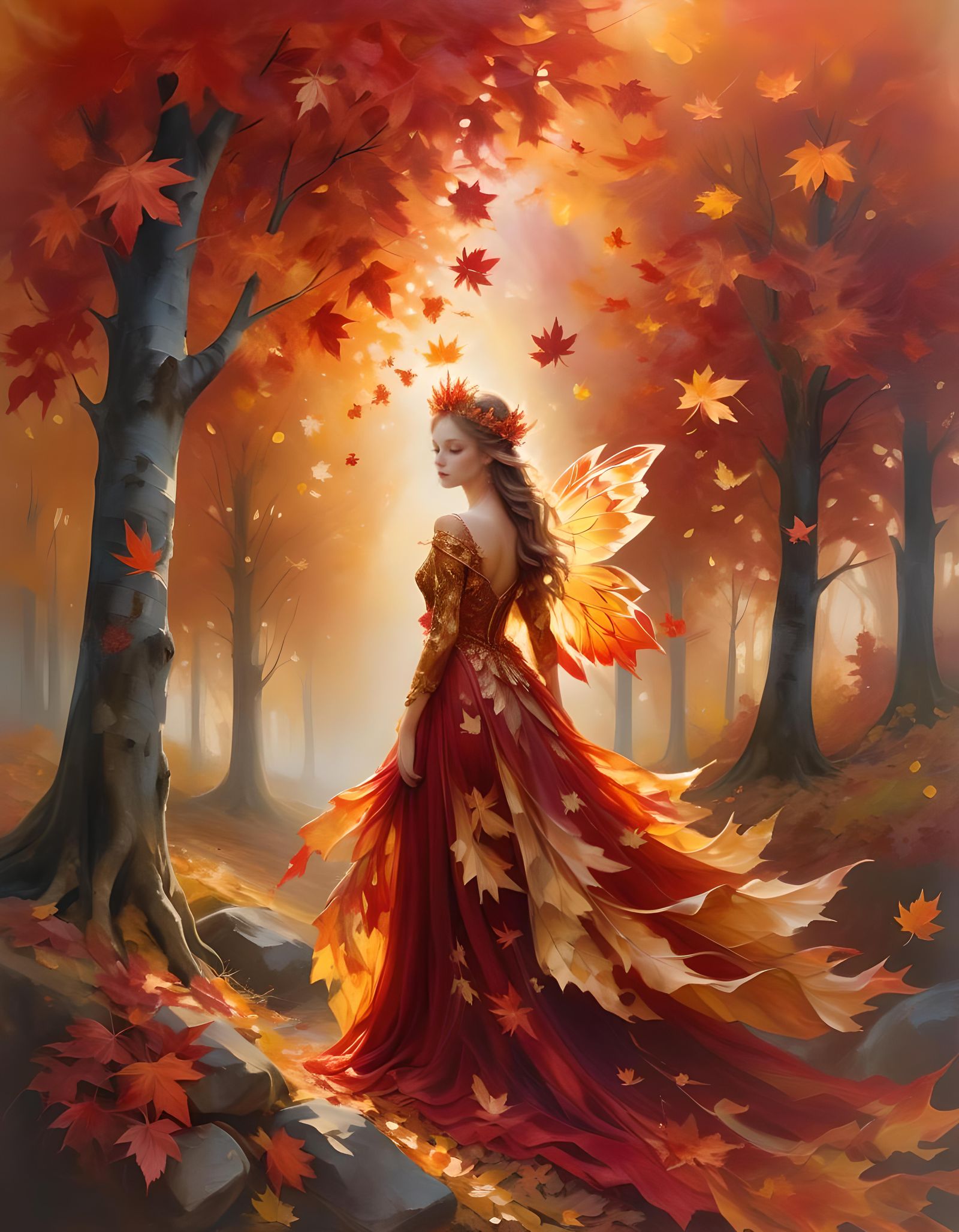 Autumn Fairy in Red Silk with Maple Crown