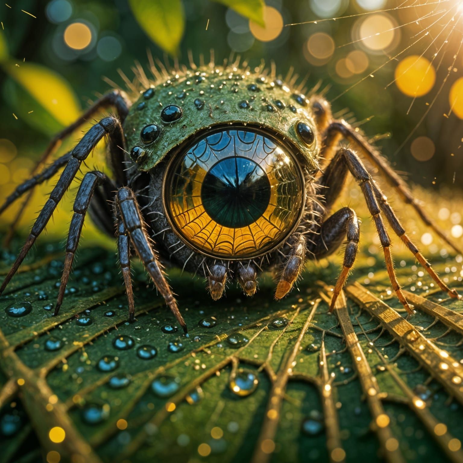 Spider Eye Reflects Golden Forest Canopy