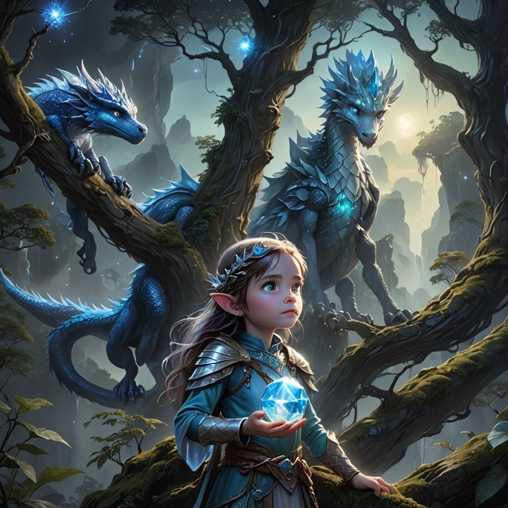 Elven Warrior Princess with Dragons in Moonlit Forest