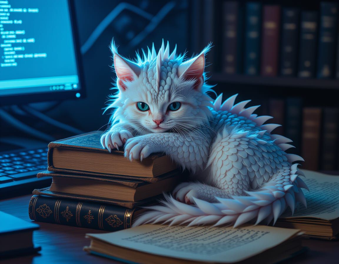 Baby Dragon-Cat Napping on Grimoires in Modern Witch's Offic...