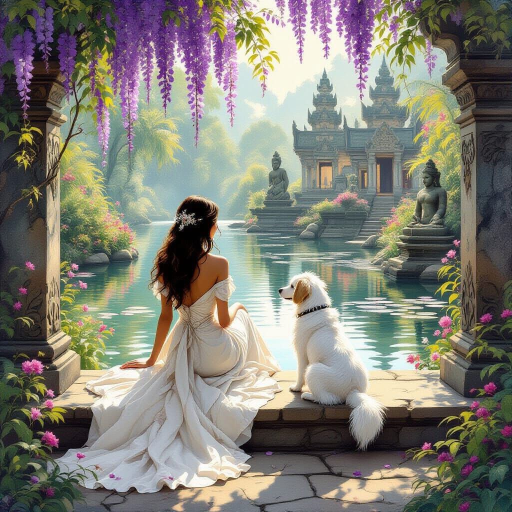 Tropical Garden Scene in Impressionist Watercolor Style