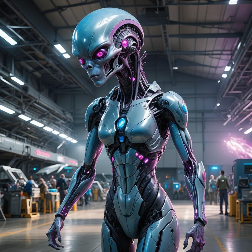 Alien Woman with Crystal in Air Force Hangar