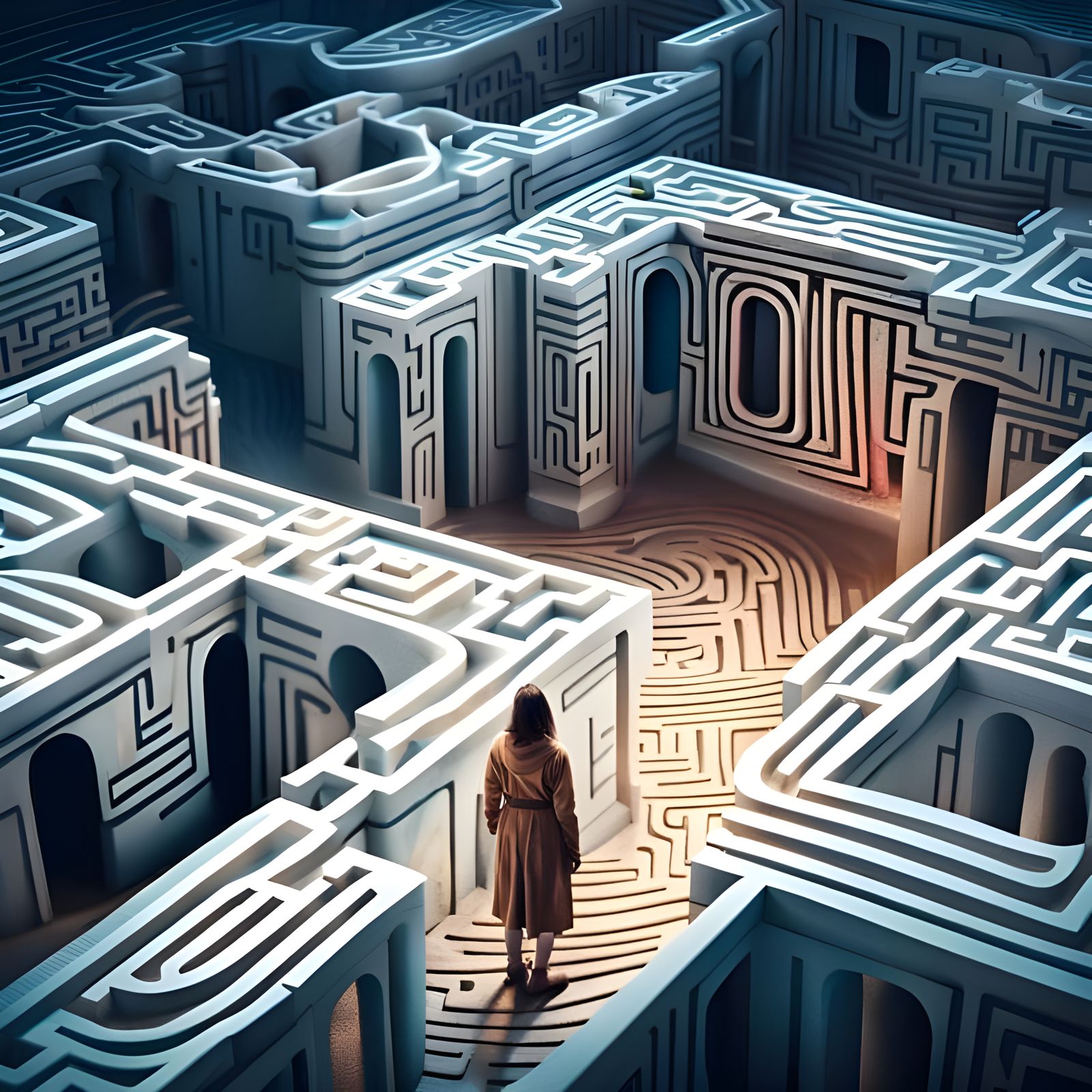 Adventurer Lost in a Surreal Intricate Maze