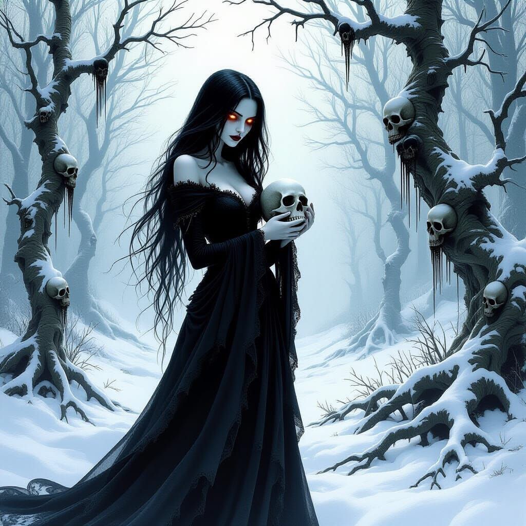 Demoness in Snow-Covered Forest, Gothic Surrealism Style