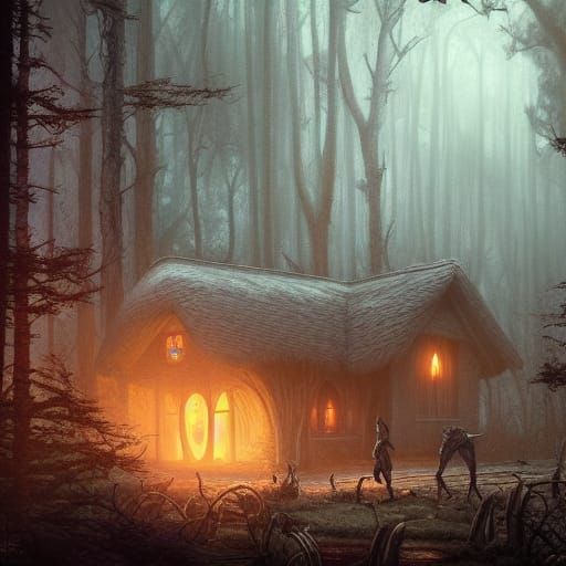 Mystical Cottage in Dark Fantasy Forest