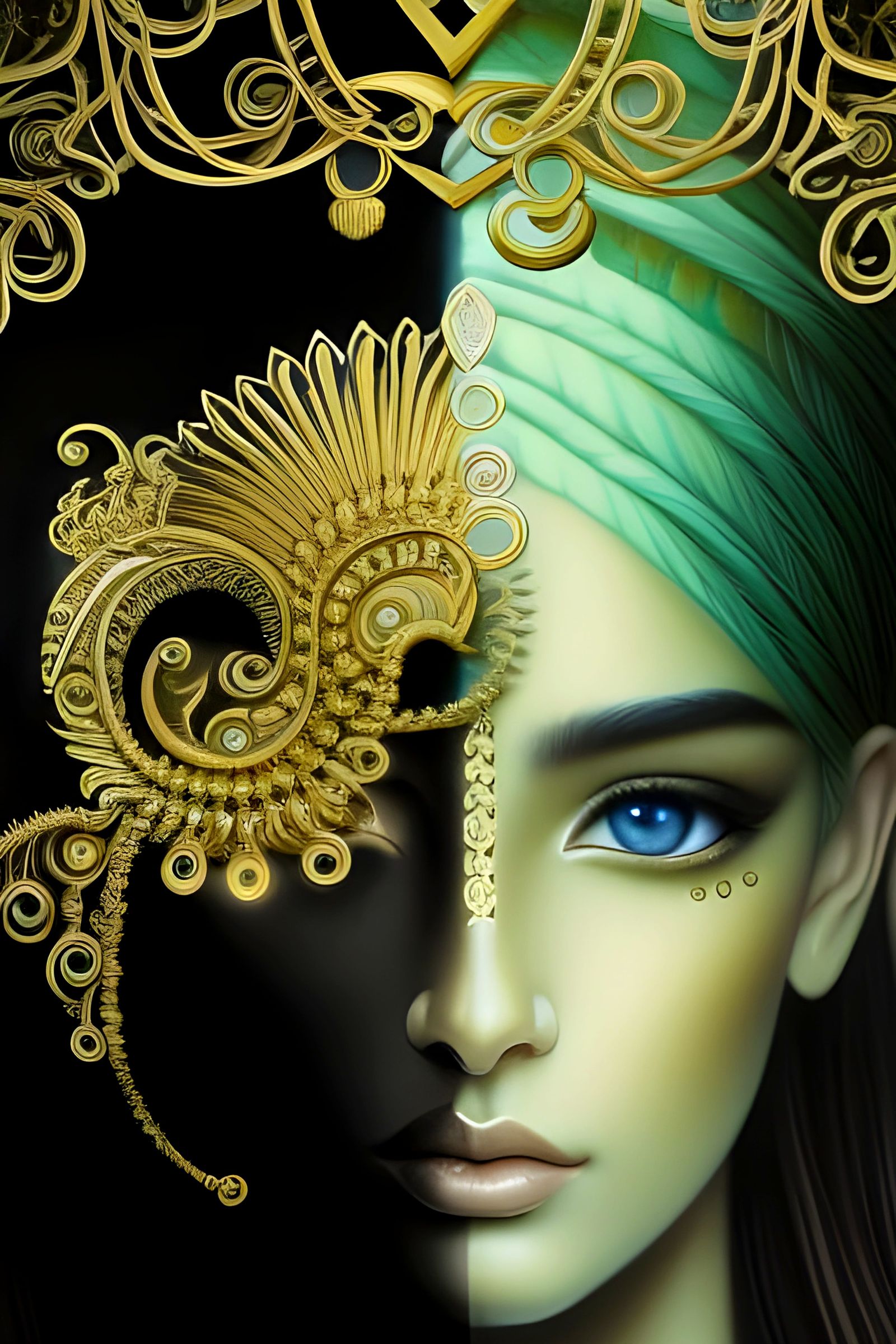 Intricate Golden Goddess Portrait in Symmetrical Harmony