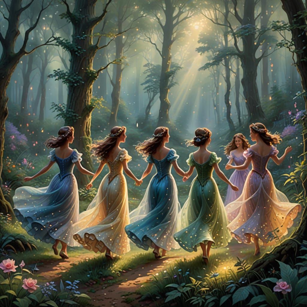 Ethereal Fantasy Art: Nine Ladies Dancing in Misty Forest