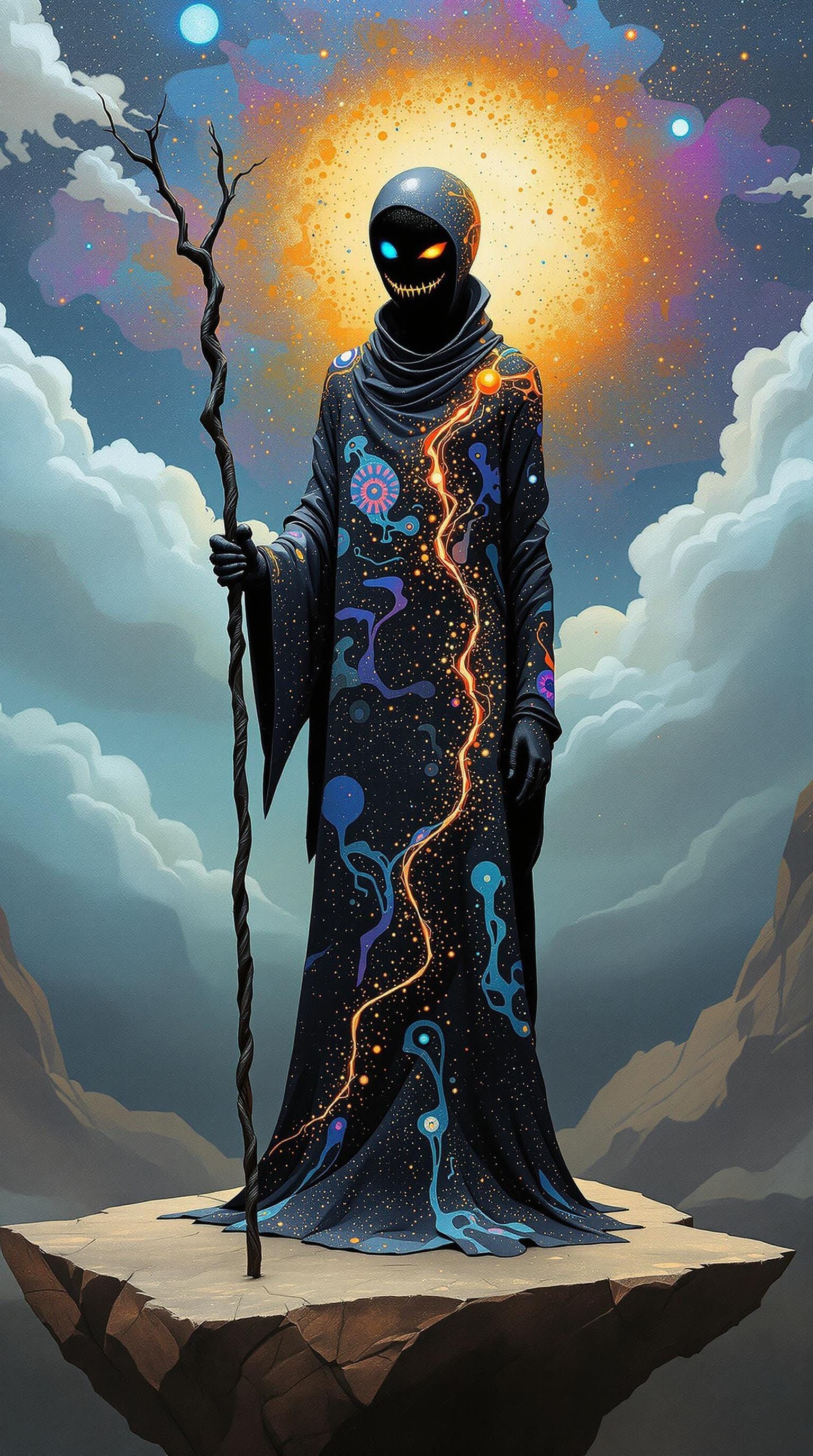 Surreal Figure with Staff in Pointillist Fusion Style