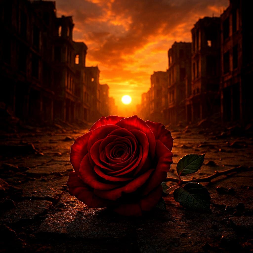 Red Rose in Ruined City at Sunset