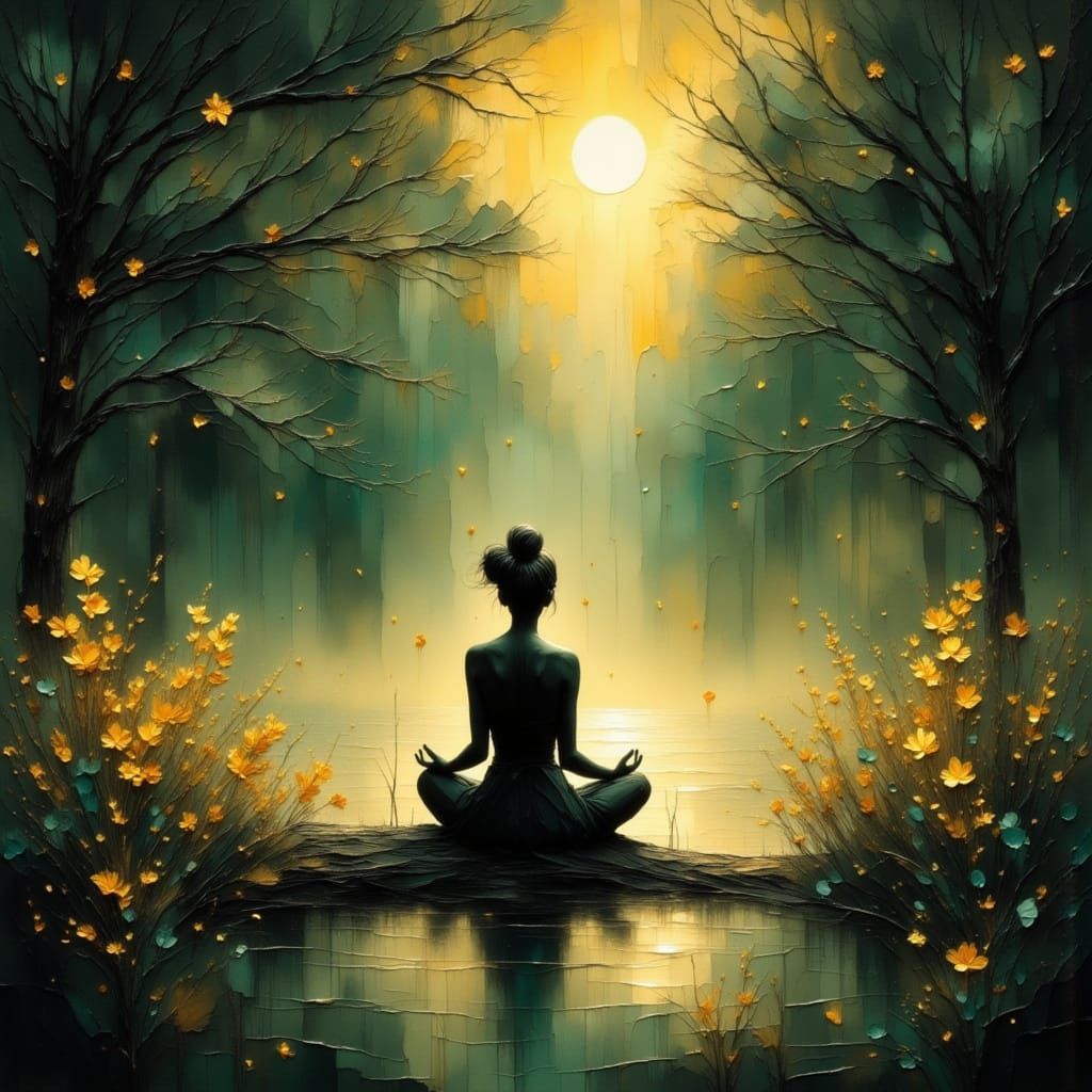 Meditating Figure in Bioluminescent Forest, Painterly Style