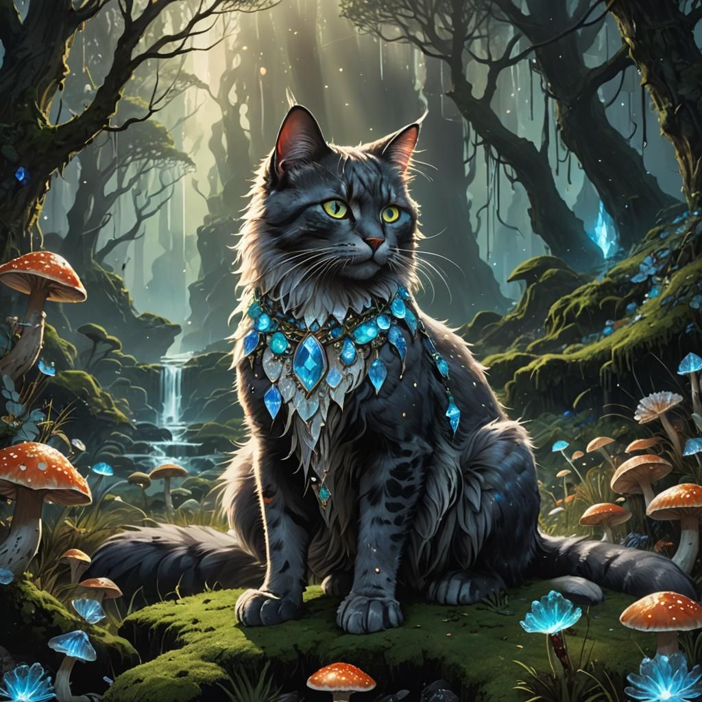 Warrior Cat in Bioluminescent Forest, Art Nouveau Style