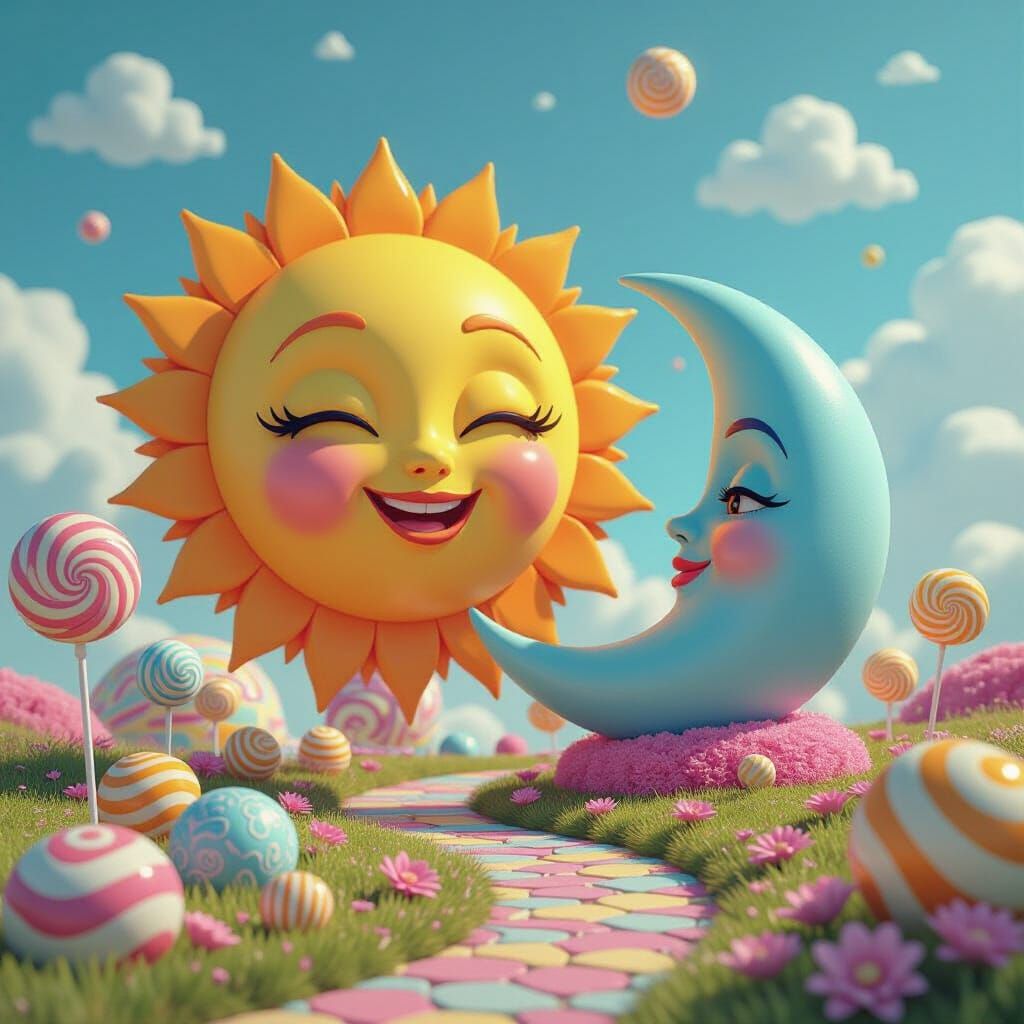 Whimsical Sun and Moon Mandala in Candy Landscape