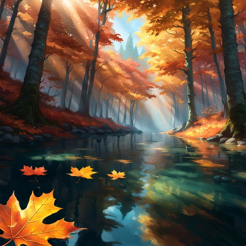 Maple Forest Landscape with Falling Leaves