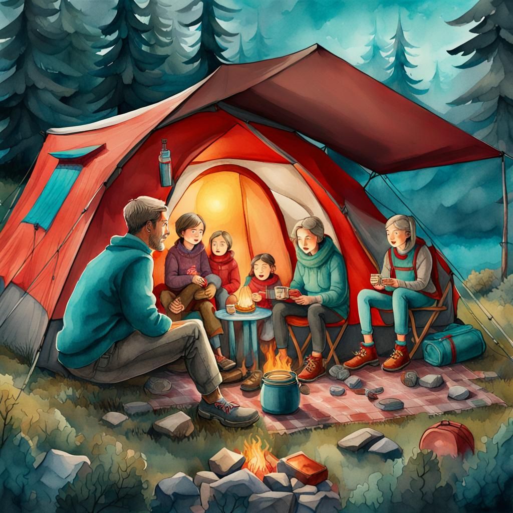 Family Camping Holiday in Watercolour Illustration