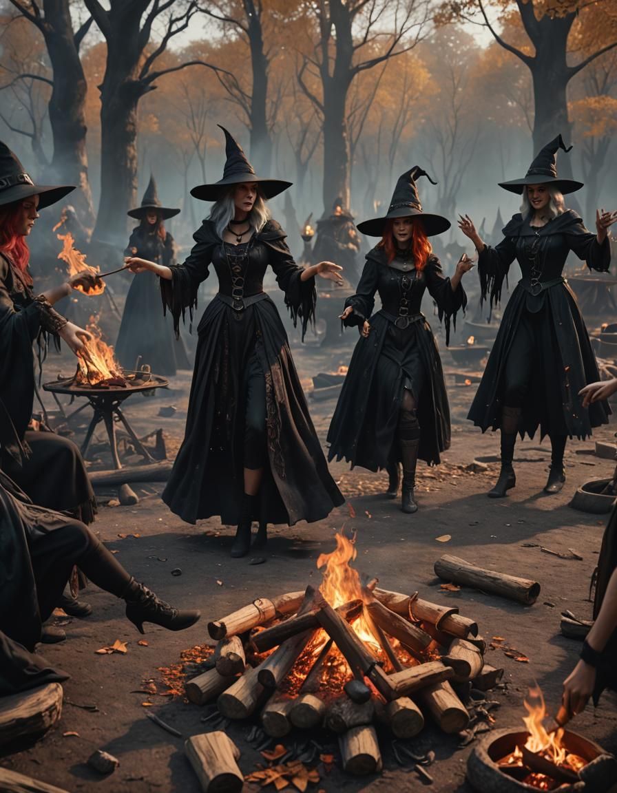 Gothic Witch Coven Dancing: Detailed Fantasy Art