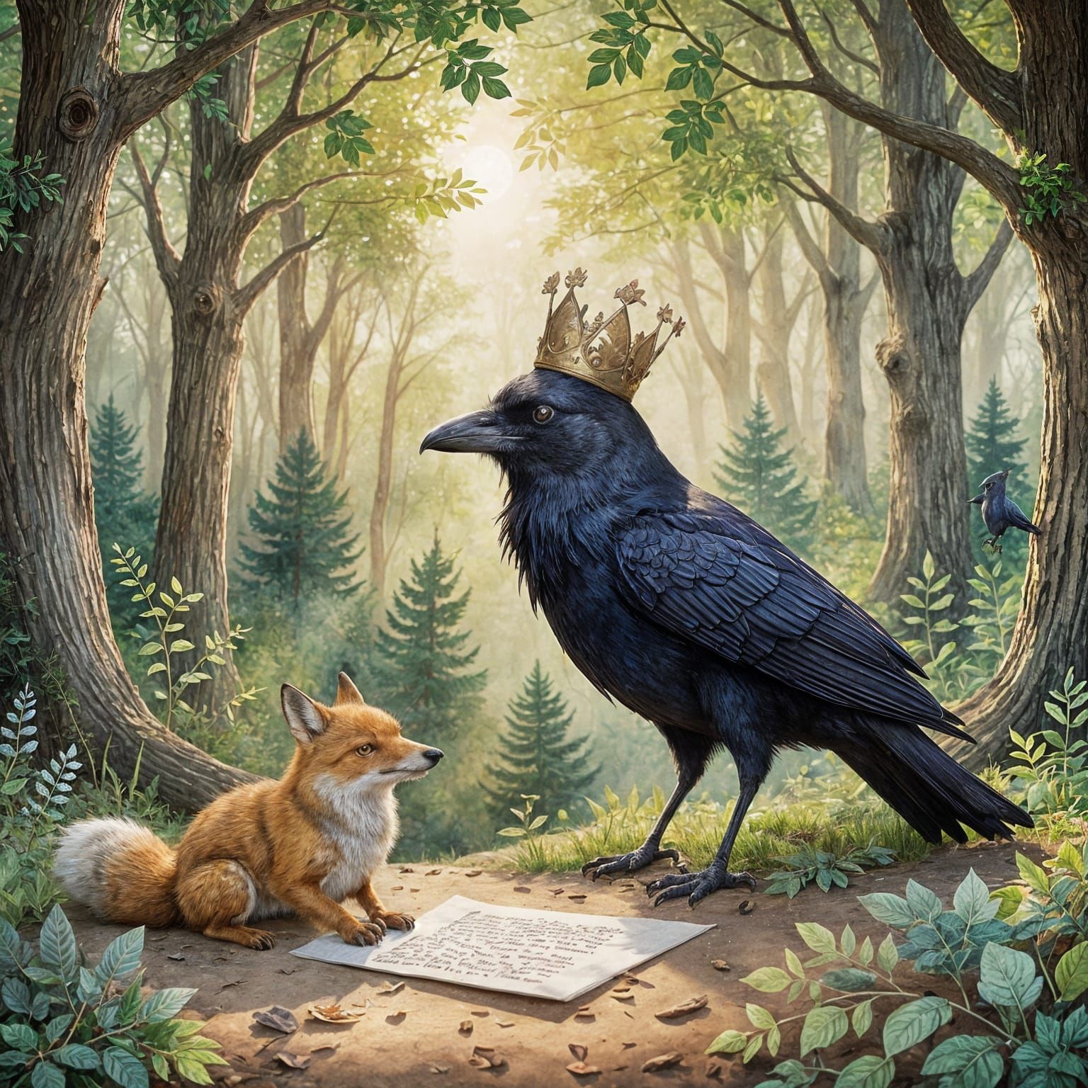 Whimsical Raven Delivers Letter to Fox in Forest Clearing