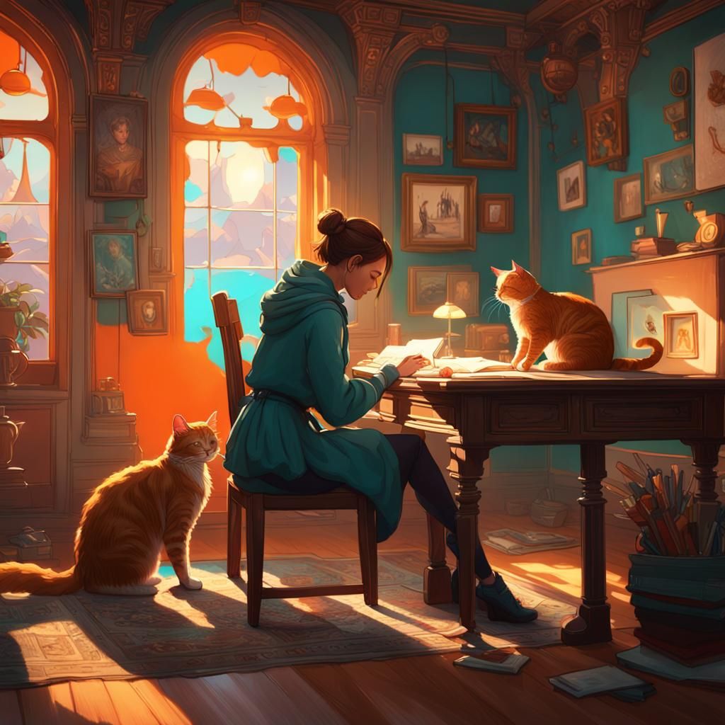 Cozy Room Scene with Woman and Cat