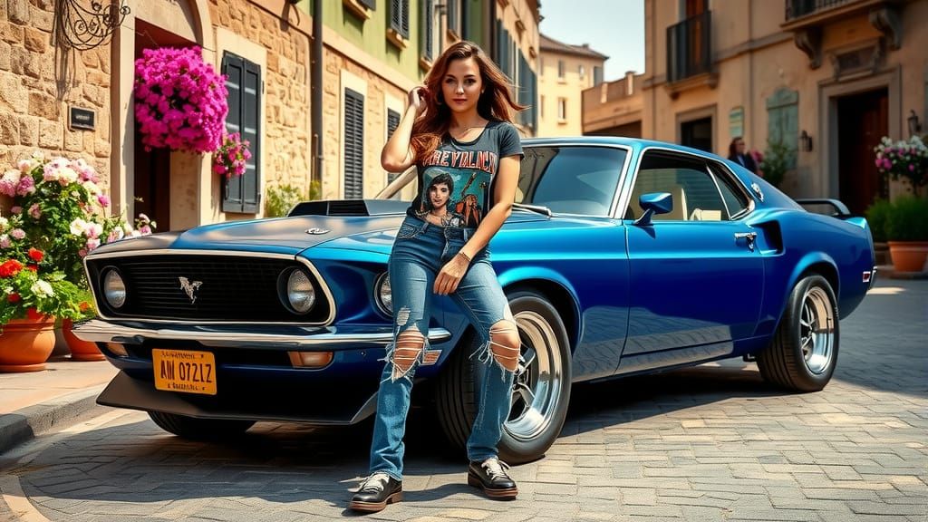 Rocker Woman with Blue Mustang in European Setting