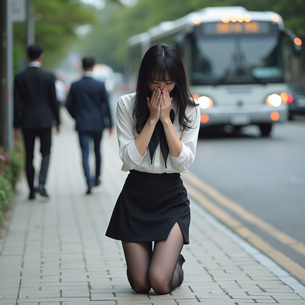 Young Woman in Uniform Crouches in Sapporo Park