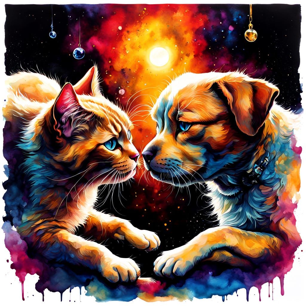 Cats and Dogs Battle in Ethereal Fantasy Style