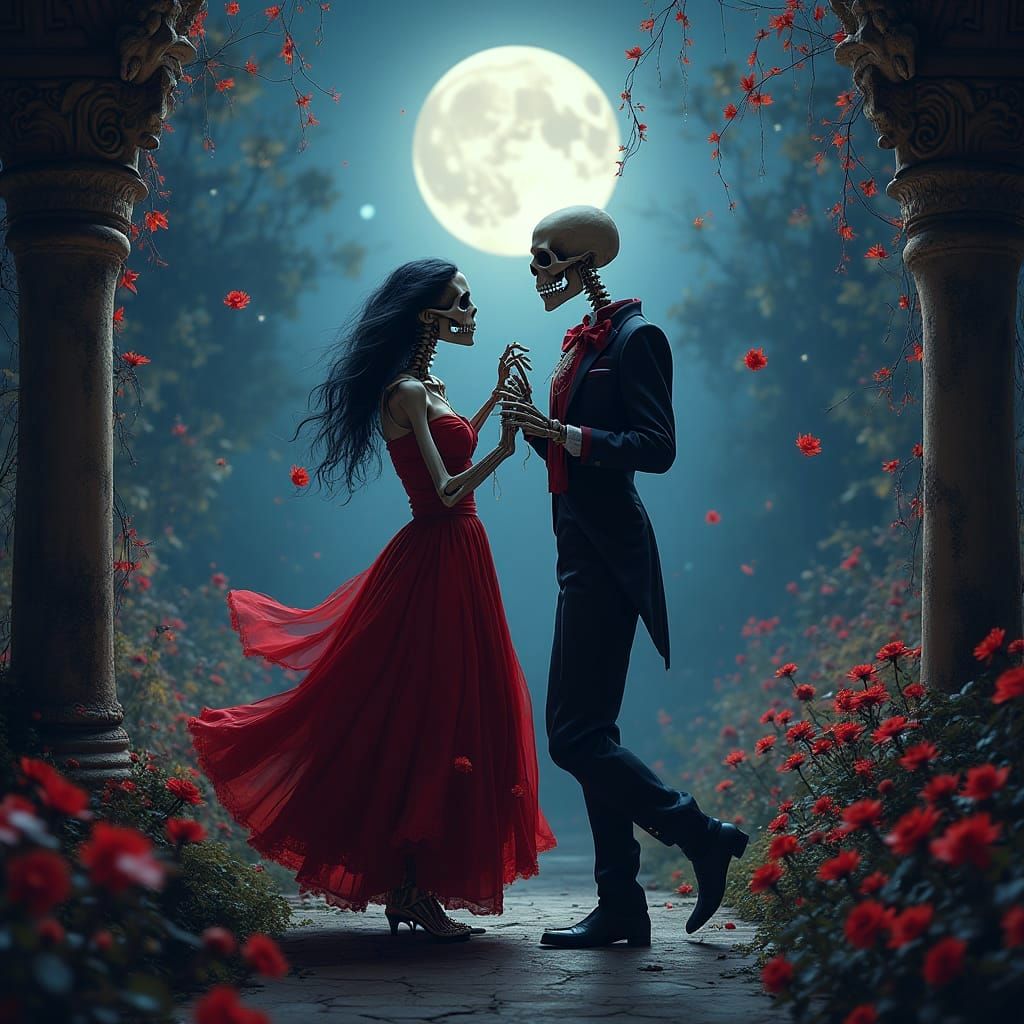 Skeletal Lovers Dancing Under a Starry Valentine's Night
