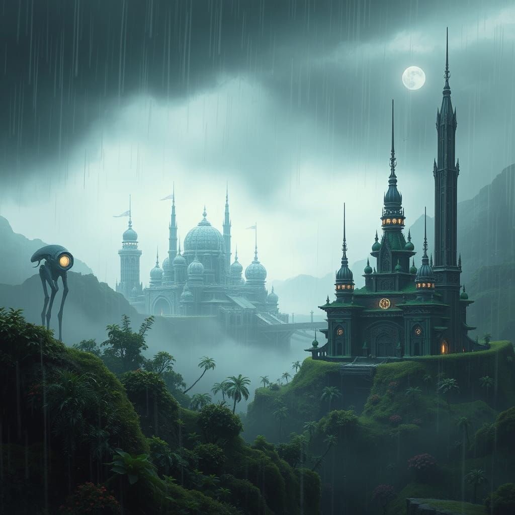 Lush Alien Metropolis in Serene Rainy Gloom