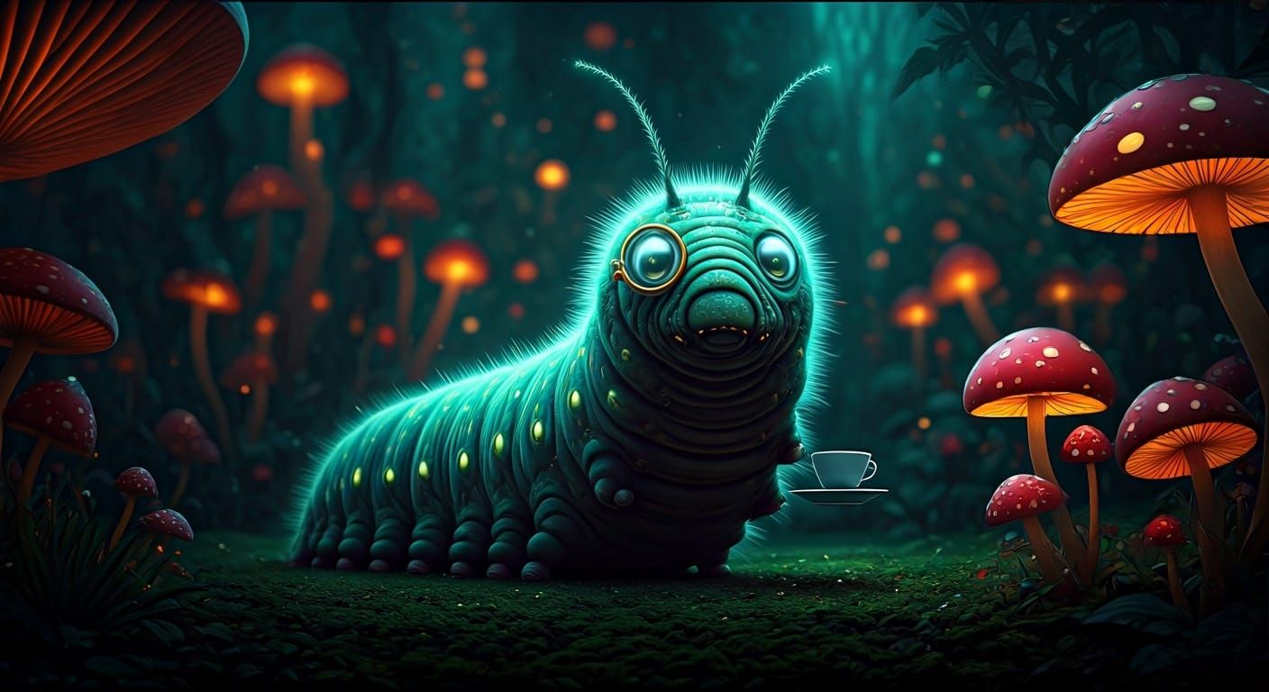 Bioluminescent Caterpillar Sipping Tea in Surreal Garden