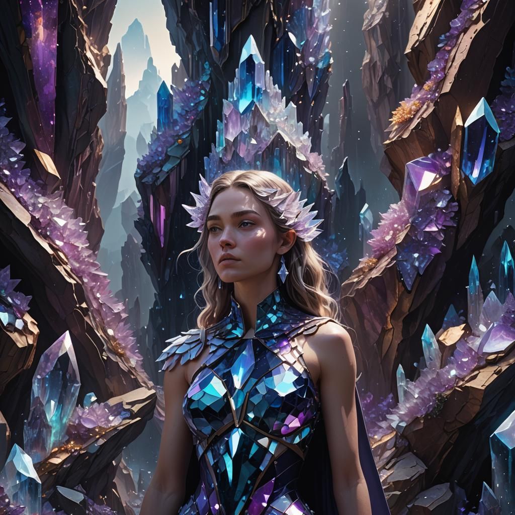 "A towering feminine figure of jagged geode crystals stands ...
