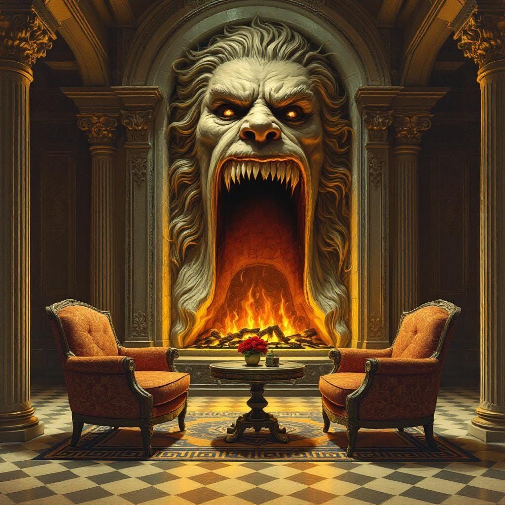 Mythic Fireplace in Lavish Parlor, Magazine Illustration