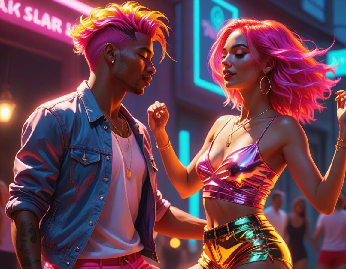 Woman Dancing with Luminous Pink Hair in Neon Style