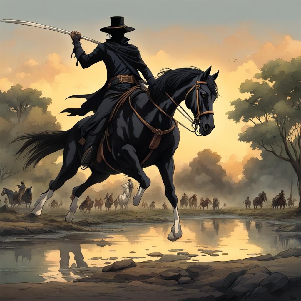 Zorro Rides Through La Brea: Anime-Style Illustration