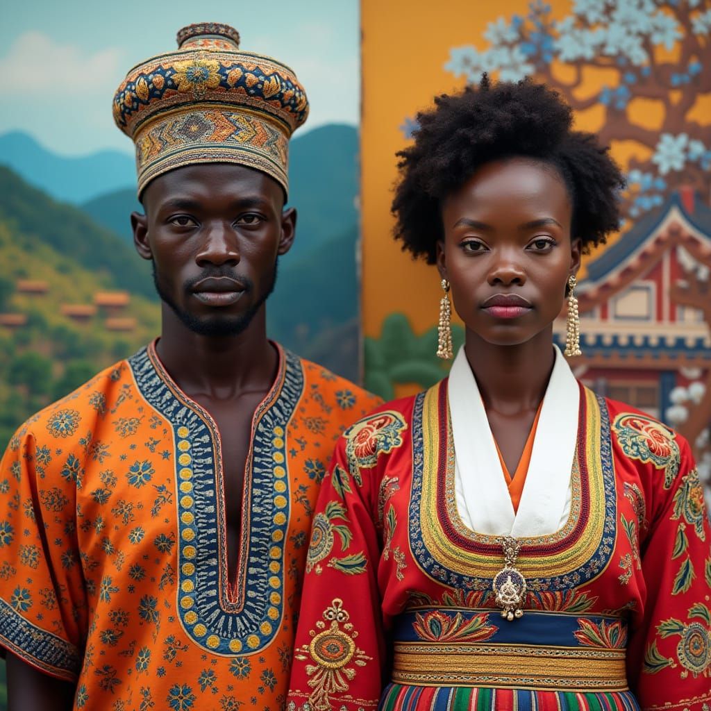 Ghanaian Man and South Korean Woman in Traditional Attire, H...