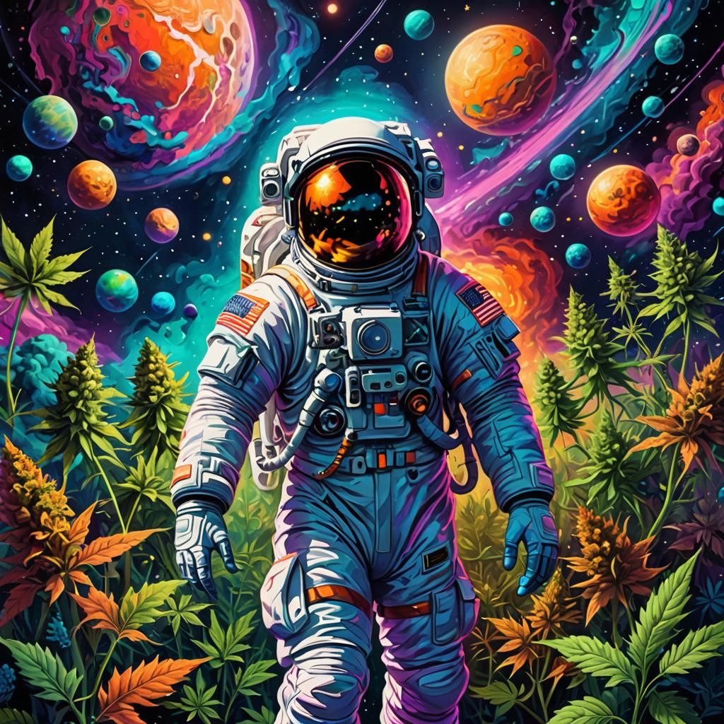 Astronaut on Marijuana Planet in Cosmic Digital Art