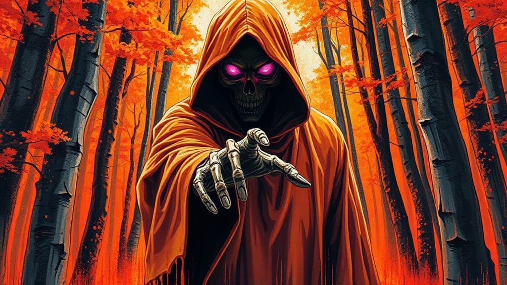 Cloaked Figure in Orange Forest Graffiti Art