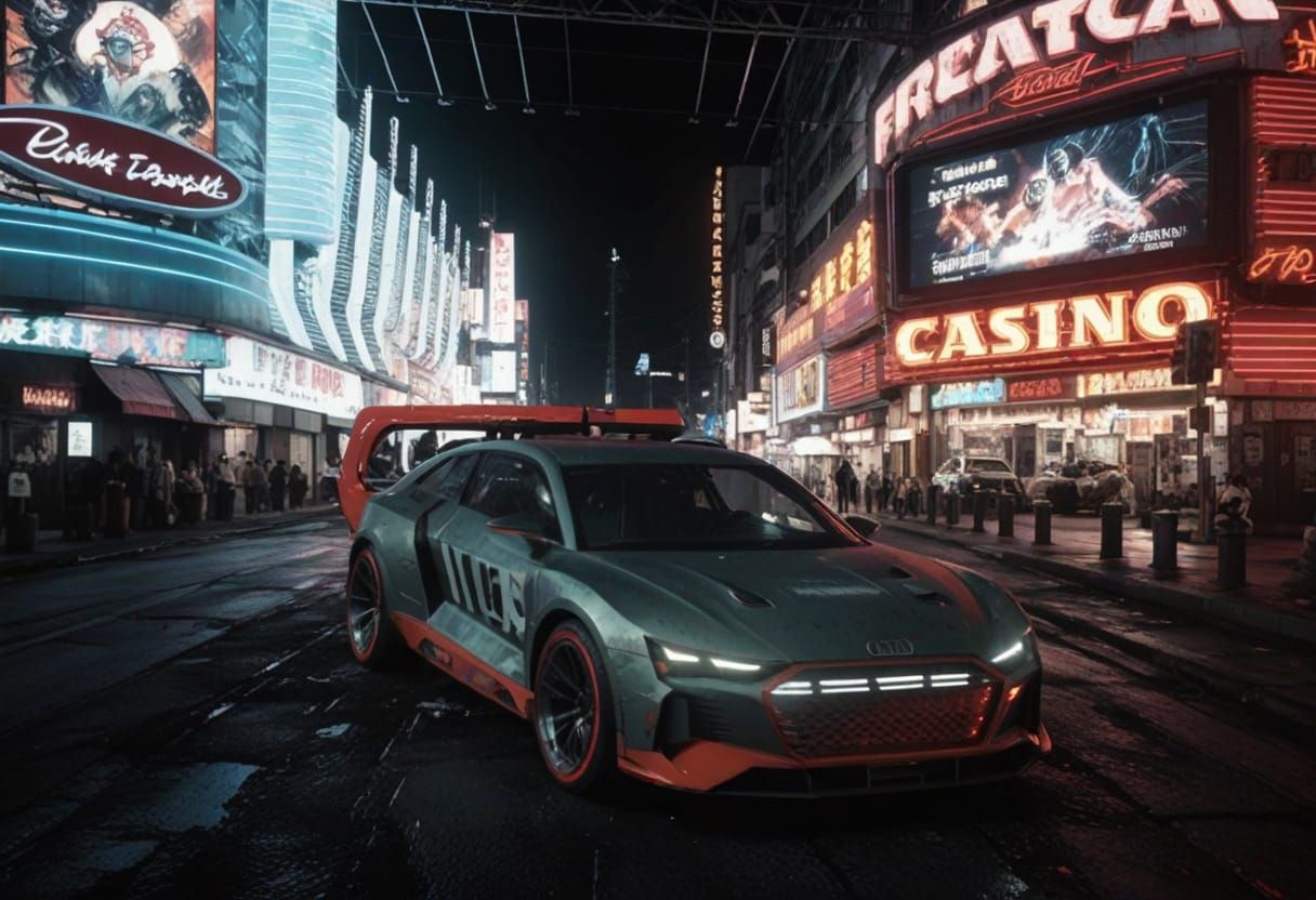 Cyberpunk Audi S1 E-Tron Quattro in Neon-Lit Tokyo