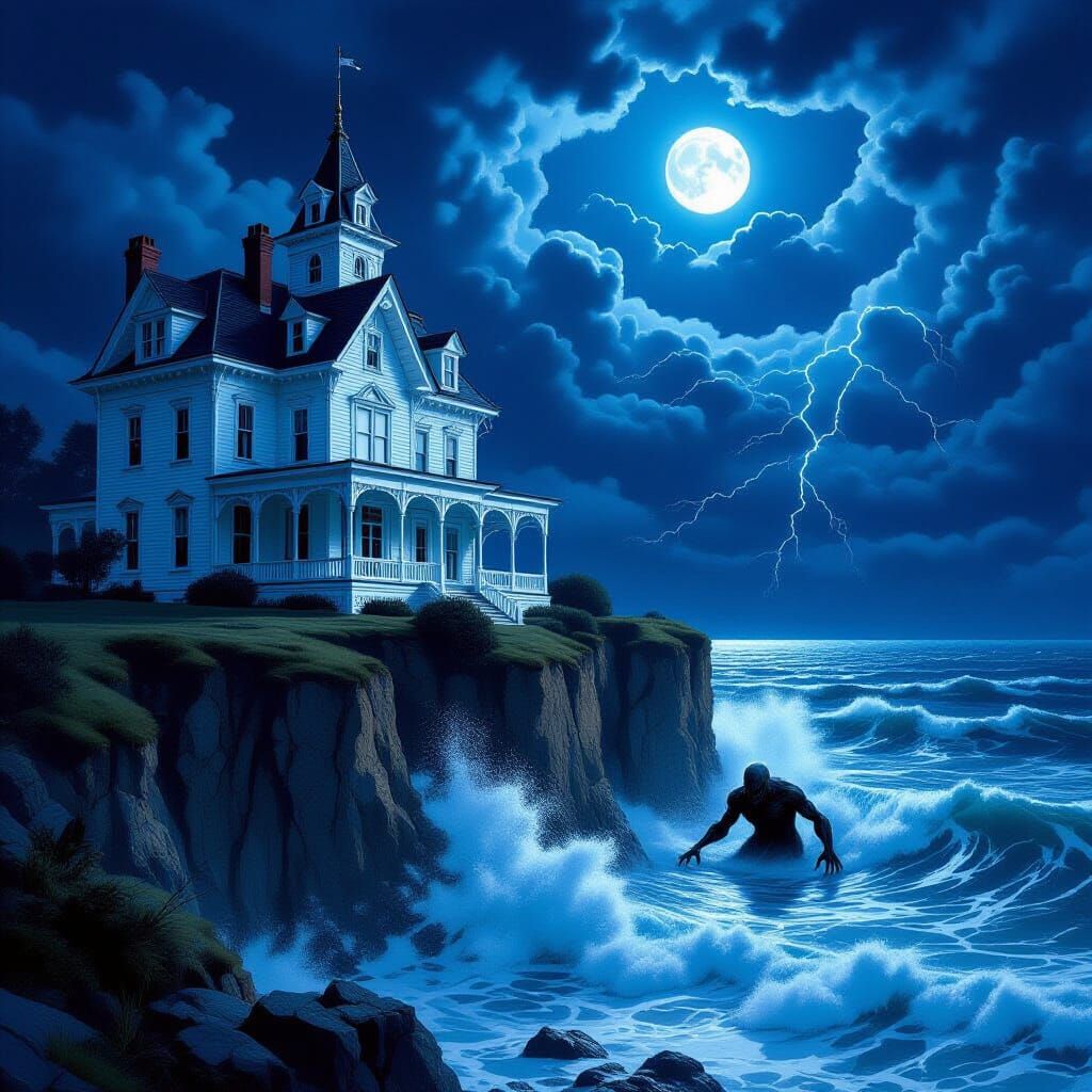 Victorian Mansion Overlooking Ocean at Night