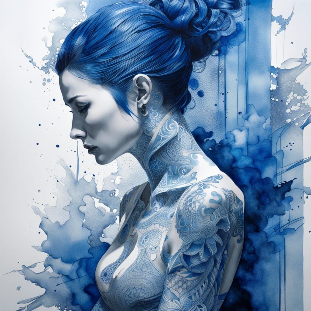 Sad Tattoo Model Sculpture in Watercolor Style