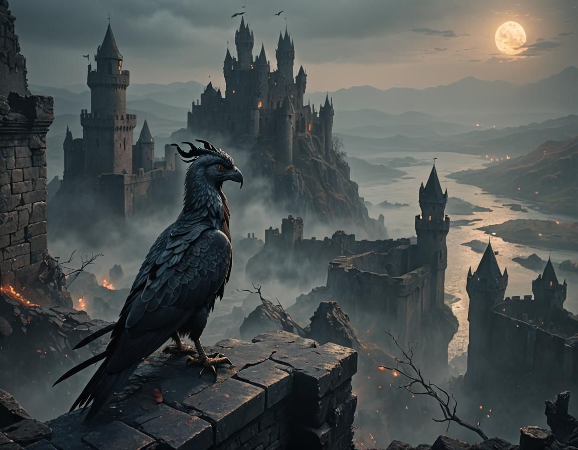 Dark Fantasy Cockatrice Perched on Ruined Castle Wall